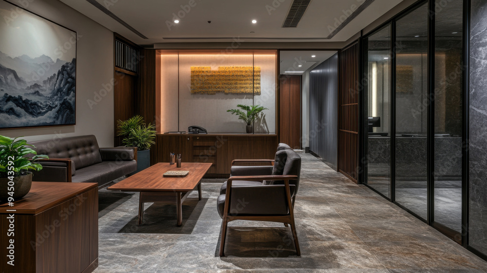Modern office interior with Chinese aesthetic influences, combining contemporary style with Modern office interior with Chinese aesthetic influences, combining contemporary style with