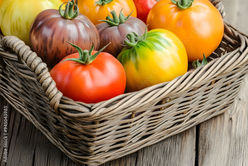Colorful heirloom tomatoes in a rustic basket Colorful heirloom tomatoes in a rustic basket