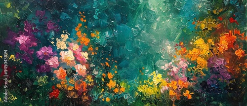 An abstract floral garden scene with the thick application of paint. 