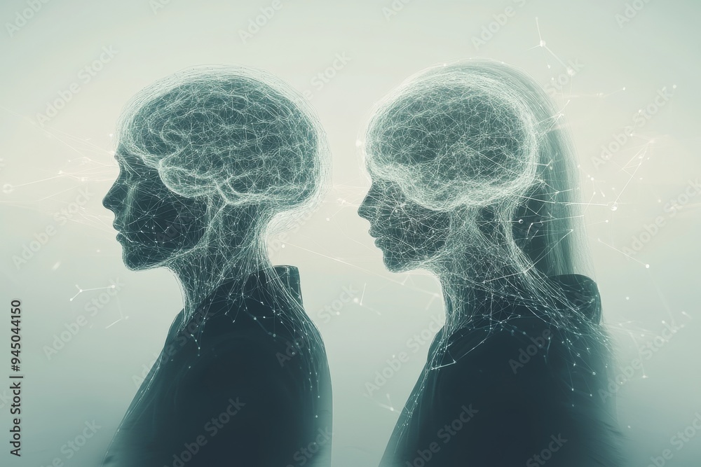Monochrome illustration of two human profiles with intricate neural networks symbolizing the complex web of thoughts and connections that shape our understanding of the world Monochrome illustration of two human profiles with intricate neural networks symbolizing the complex web of thoughts and connections that shape our understanding of the world