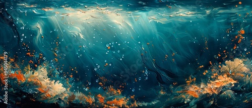 An underwater scene is depicted with heavy flowing strokes of paint mimicking water movement. 