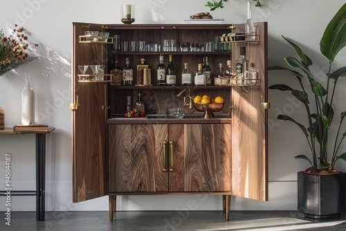 Industrial west mercantile bar cabinet with brass hardware, dark wood finish, and cast iron legs, featuring spacious storage and decorative top surface.