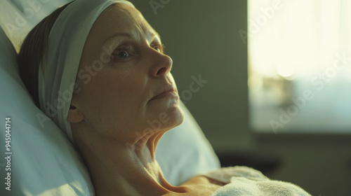 Moving and serene scene of a woman in chemotherapy, portraying the emotional photo