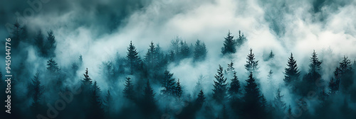 Atmospheric fog rolling over a dense woodland photo