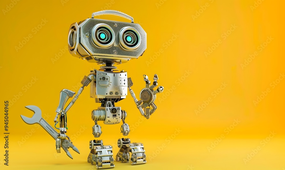 Friendly robot serviceman pliers hand wrench. Fixing maintenance concept. Creative design toy, cogs wheels gears silver metallic body. Yellow background. Copy space. Friendly robot serviceman pliers hand wrench. Fixing maintenance concept. Creative design toy, cogs wheels gears silver metallic body. Yellow background. Copy space.