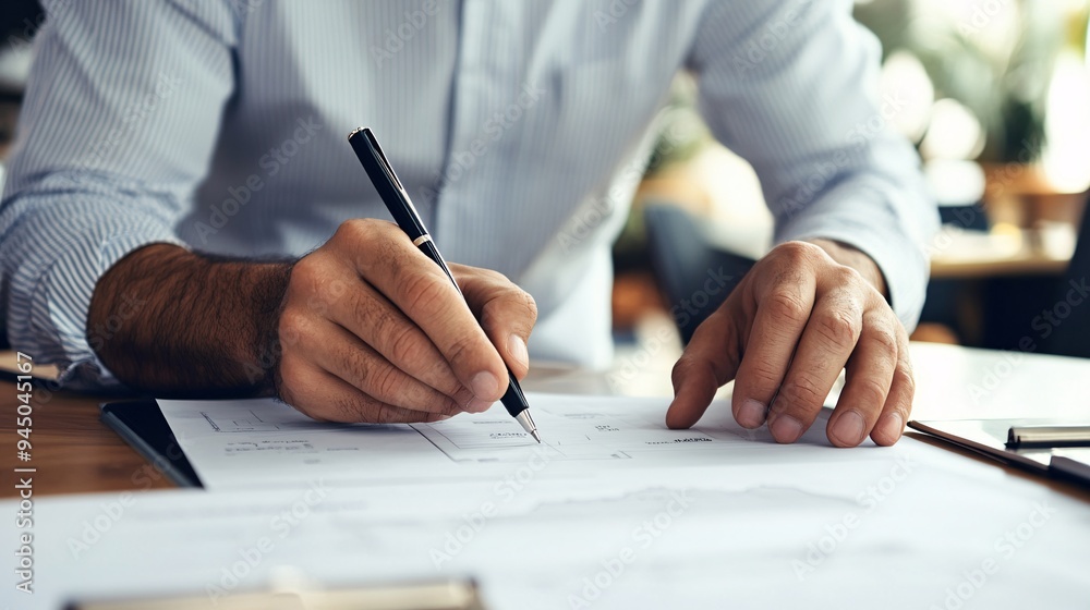 A close-up of a professional man writing on documents in a bright office environment, showcasing focus and productivity. A close-up of a professional man writing on documents in a bright office environment, showcasing focus and productivity.