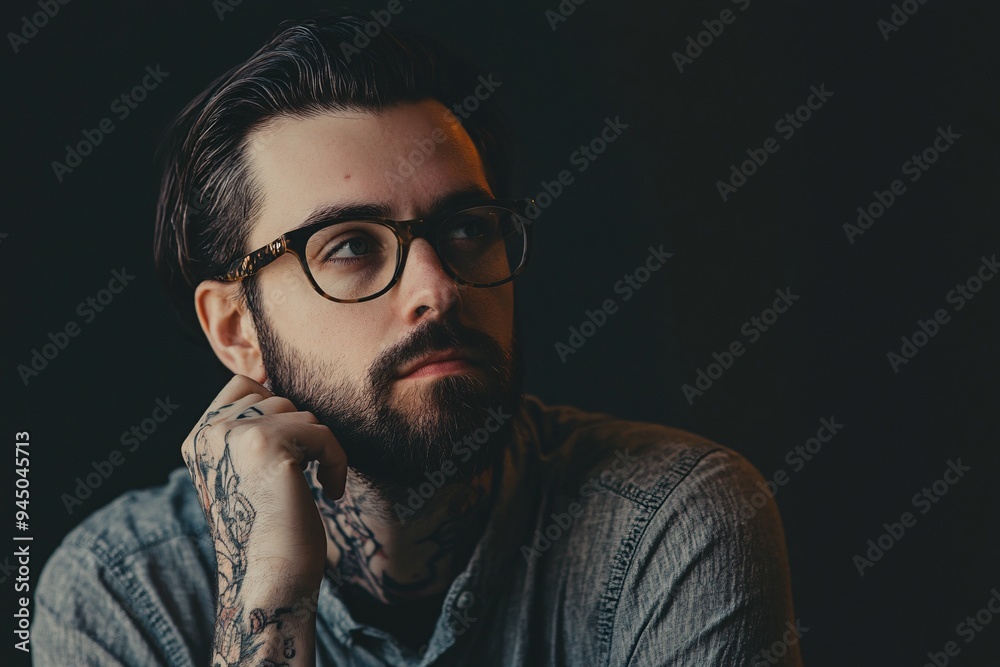 Fototapeta premium A contemplative man with glasses and tattoos, showcasing a thoughtful expression in a dimly lit setting.