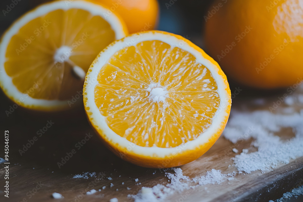 Halved oranges with a textured peel Halved oranges with a textured peel