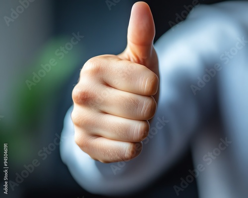 Encouraging gesture from boss, closeup view of hand showing thumbs up to employee, after completing a good job