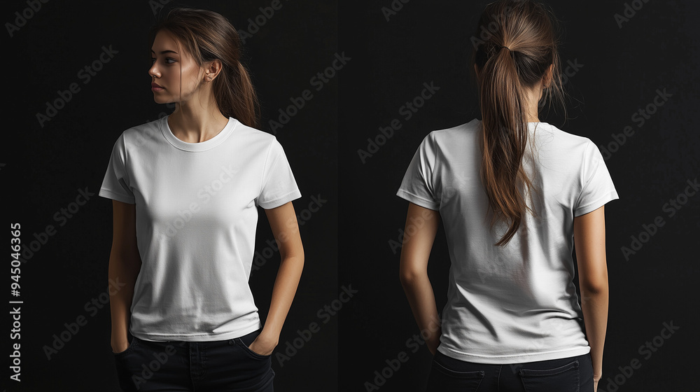 A realistic mock-up of a woman wearing a plain white crew neck t-shirt, showcasing both the front and back views, isolated on a clean black background A realistic mock-up of a woman wearing a plain white crew neck t-shirt, showcasing both the front and back views, isolated on a clean black background