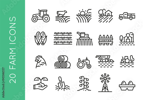 Farm icons. Set of 20 farm-themed trendy minimal icons. Example: Tractor, Combine Harvester, Corn, Windmill, Chicken icon. Design signs for web page, mobile app, packaging design. Vector illustration