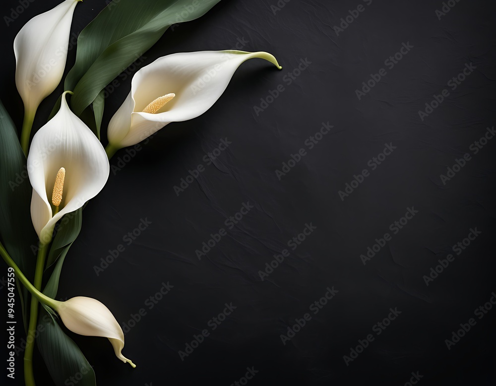 elegant white calla lily flowers on right side black empty paper on dark background.
Funeral condolence, card sympathy floral concept