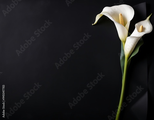 elegant white calla lily flowers on right side black empty paper on dark background.
Funeral condolence, card sympathy floral concept