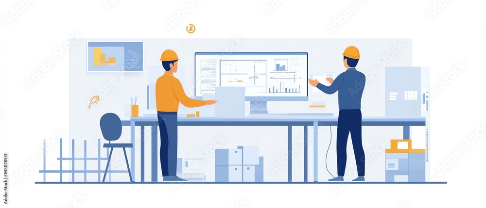 Engineer and foreman in factory, consulting with director about new production project, team management and investment strategy Engineer and foreman in factory, consulting with director about new production project, team management and investment strategy