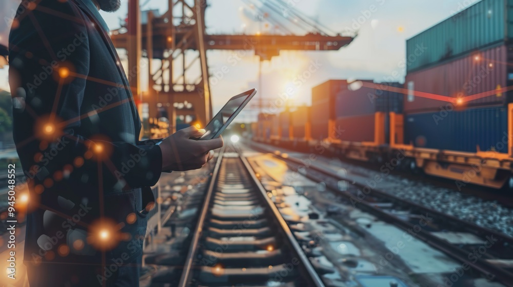 Obraz premium Businessman using tablet on logistic network distribution and smart transportation