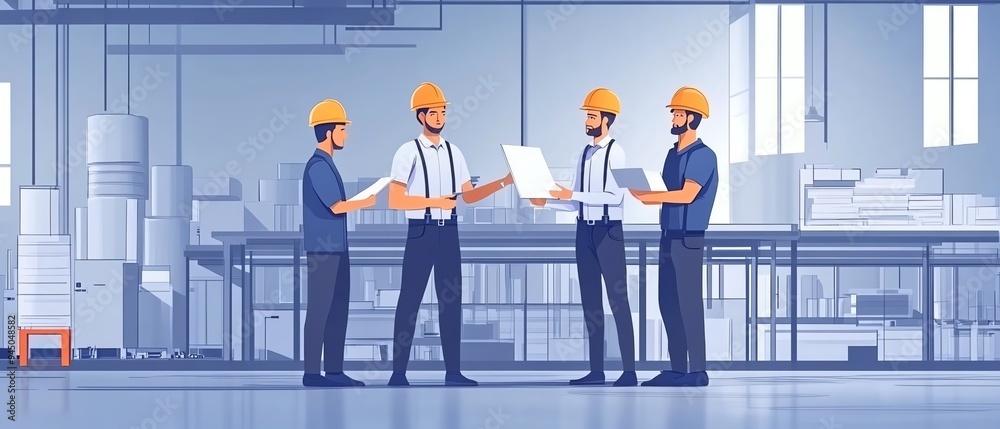Engineer and foreman in factory, consulting with director about new production project, team management and investment strategy