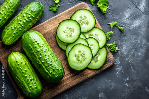 Whole And Sliced Cucumbers On A Cutting Board