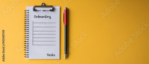 Top view of a spiral notebook with onboarding tasks list next to a pen on a vibrant yellow background, symbolizing organization and planning.