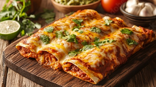 Wallpaper Mural A delicious plate of enchiladas topped with cheese and cilantro, served on a wooden board. Torontodigital.ca