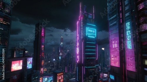 Cyberpunk-Inspired Urban Street with Glistening Reflections of Neon Signs