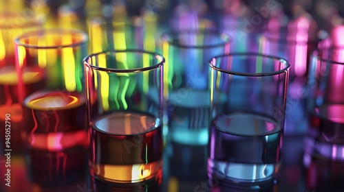 Laboratory glassware containing colorful chemical liquids, symbolizing scientific research and experimentation /