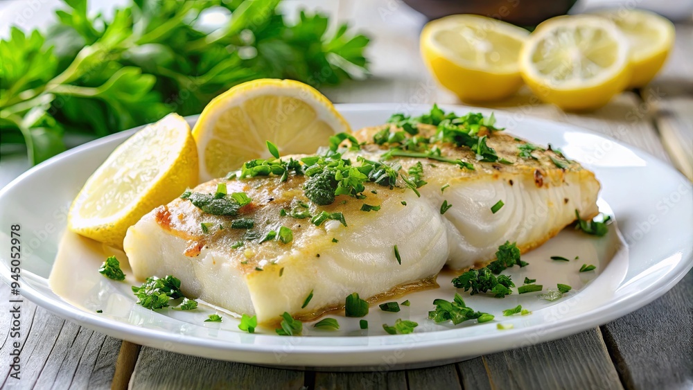 Baked lemon cod fillet garnished with parsley and herbs on a white plate, perfect for a healthy and appetizing meal Baked lemon cod fillet garnished with parsley and herbs on a white plate, perfect for a healthy and appetizing meal