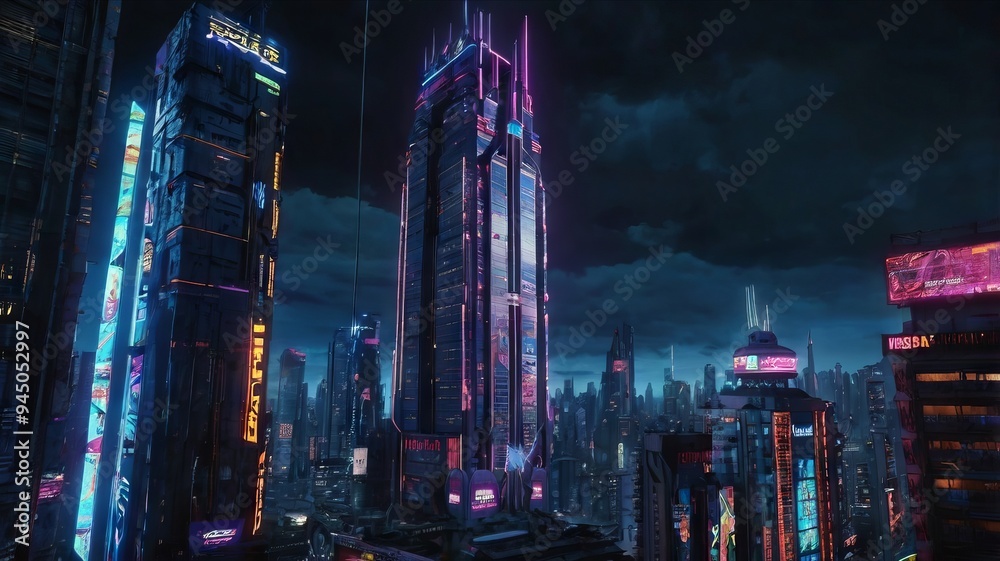 Obraz premium Cyberpunk-Inspired Urban Street with Glistening Reflections of Neon Signs