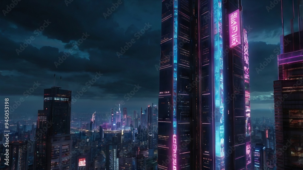 Obraz premium Cyberpunk-Inspired Urban Street with Glistening Reflections of Neon Signs