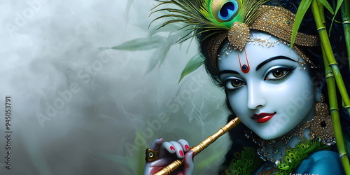 Happy Krishna Janmashtami, Krishna with Lord Krishna with Peacock Feather and Flute. Greeting Card, Banner with Copyspace photo