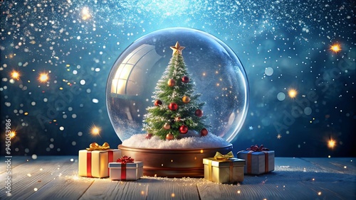 A festive snow globe with a Christmas tree and presents, surrounded by stars and snowflakes