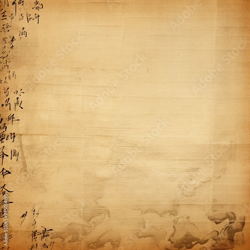 old Chinese paper for the background, old yellowed paper with sketches of hieroglyphs around the edges. Design, background, layout, banner.
