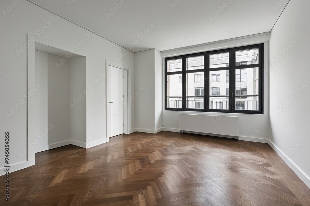 Minimalist Room with Parquet Floor and White Walls in a Modern Home Minimalist Room with Parquet Floor and White Walls in a Modern Home