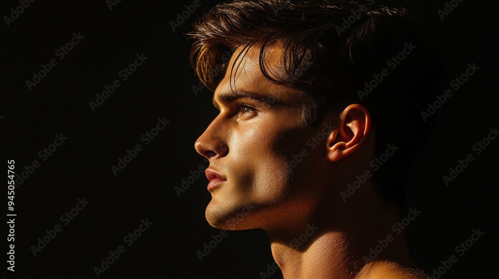 Hyper-Realistic Portrait of Handsome Young Man with Dark Hair and Muscular Build in Soft Lighting on Black Background Hyper-Realistic Portrait of Handsome Young Man with Dark Hair and Muscular Build in Soft Lighting on Black Background