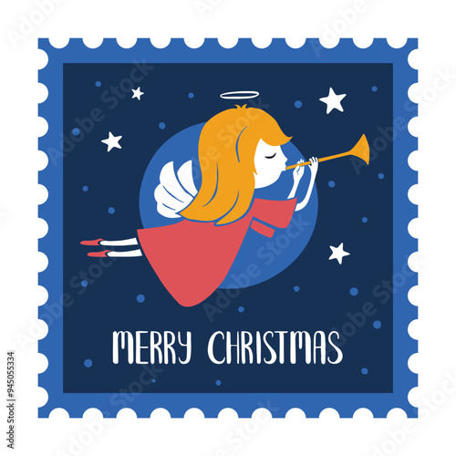 Cozy Christmas postage stamp angel blowing trumpet and 