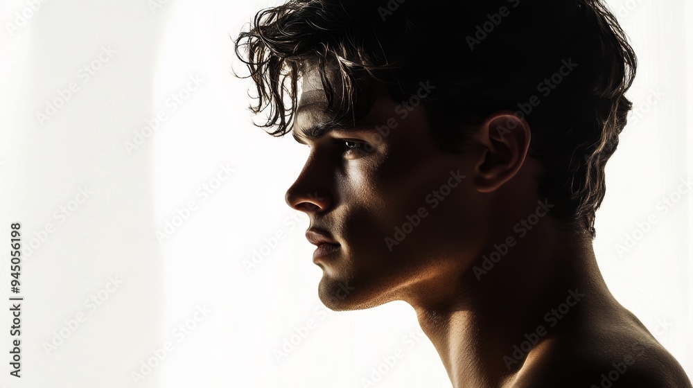 Sharp Contrast: Hyper-Realistic Portrait of Muscular Young Man in Shadow with Sun-Kissed Skin on White Background Sharp Contrast: Hyper-Realistic Portrait of Muscular Young Man in Shadow with Sun-Kissed Skin on White Background
