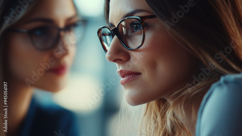 Professional close-up of two female colleagues, engaged in a critical business