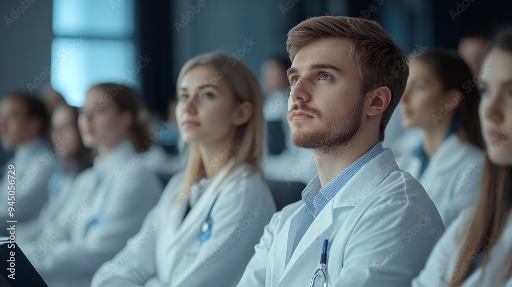 A group of people in white lab coats are sitting in a classroom A group of people in white lab coats are sitting in a classroom