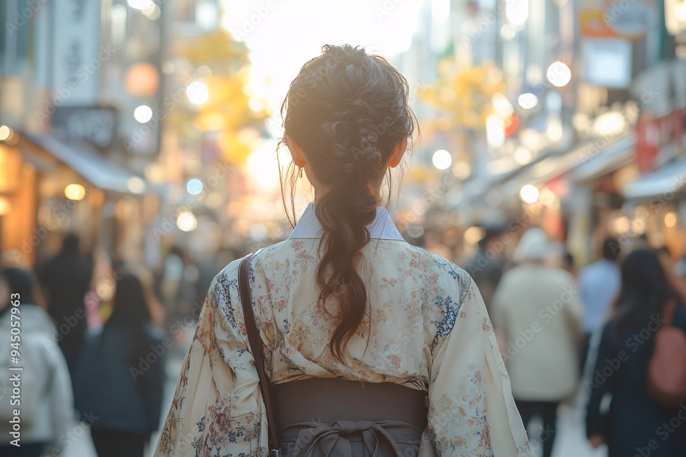 Obraz premium Woman in Kimono Walking Through Busy Street