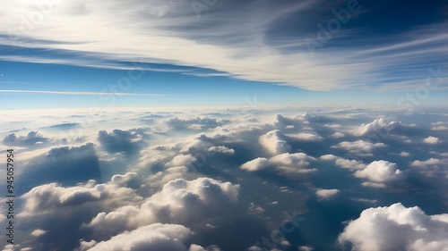 Aerial image from an airplane window, catching a wide cloudscape and horizon, accentuating the sense of great altitude and voyage.