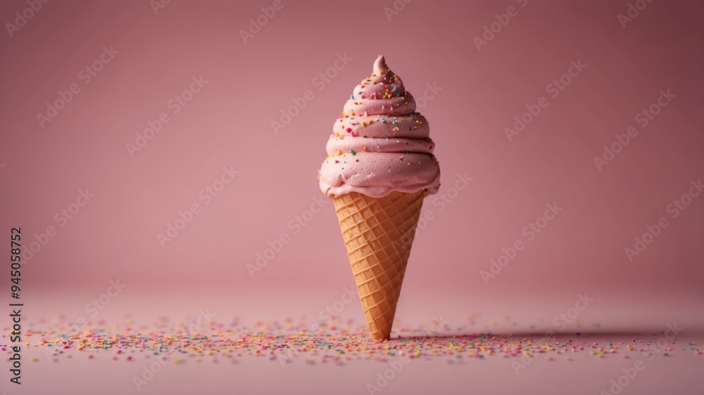 Ice Cream Cone with Sprinkles on Pink Background.