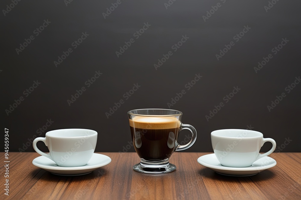 Vibrant Espresso Shot on Minimalist Background with Coffee Cup and Saucer