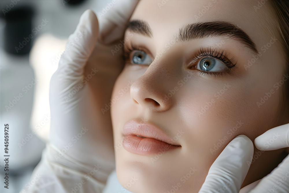 Plastic surgeon checking patient. Consultation with a cosmetologist on facial care. Doctor examining patient's face. Lady receives consultation for facial cosmetics. Plastic surgeon checking patient. Consultation with a cosmetologist on facial care. Doctor examining patient's face. Lady receives consultation for facial cosmetics.