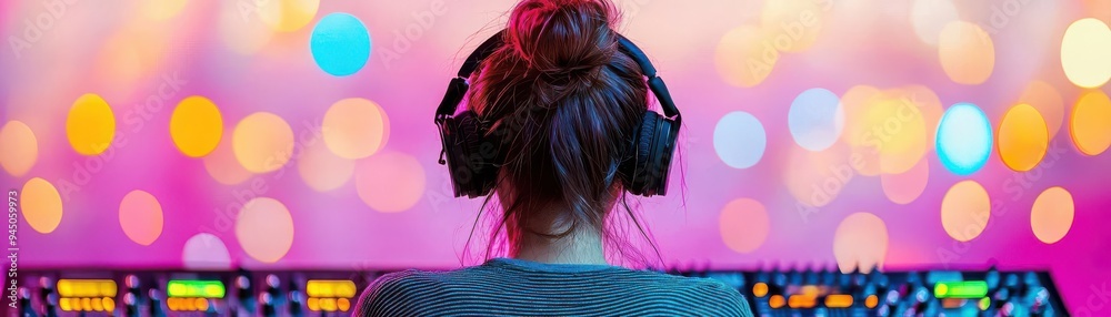 Naklejka premium Woman sound technician mixing audio, vibrant studio, colorful lights, rear view, professional recording equipment, creative and focused atmosphere