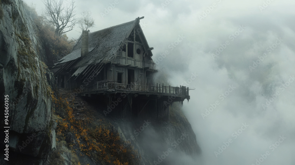 Misty forest surrounds a half-destroyed medieval chalet, perched on a small cliff, Misty forest surrounds a half-destroyed medieval chalet, perched on a small cliff,