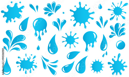 Water drops and splash silhouette set. Blue different liquid shapes collection isolated on white background. Vector illustration.
