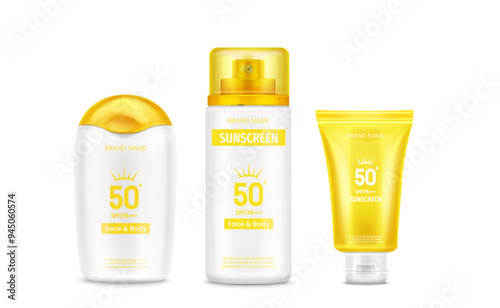 Sunscreen cream bottle and tube with yellow cap. Realistic 3d vector illustration set of package for sun block lotion with 50 spf. Summer body and face protection and health care container mockup.