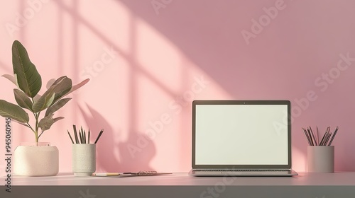 Minimalist Workspace with Laptop  Plant and Pink Wall