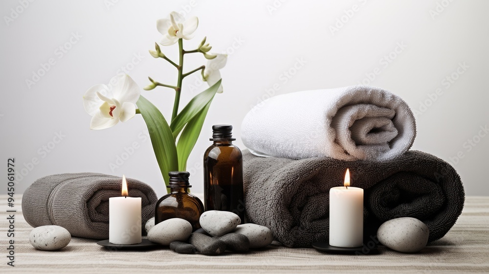 Beauty treatment items for spa procedures on white wooden table. Neural network ai generated art