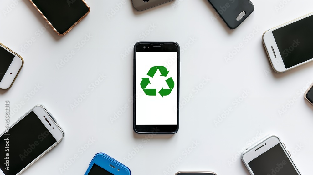 A smartphone displaying a recycling symbol surrounded by other smartphones, promoting recycling. A smartphone displaying a recycling symbol surrounded by other smartphones, promoting recycling.
