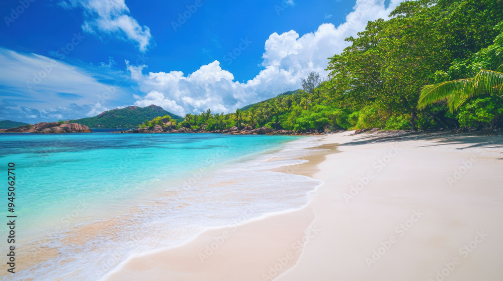 Seychelles paradise beach featuring pristine white sand, clear blue water, and a serene Seychelles paradise beach featuring pristine white sand, clear blue water, and a serene